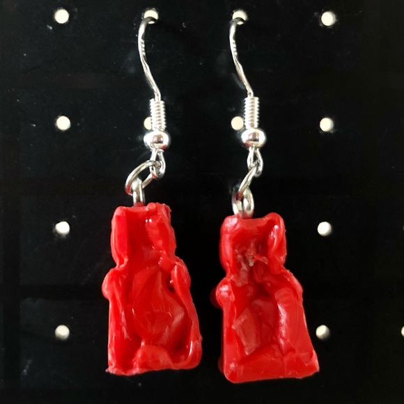 Handmade Red Recycled Plastic Gummy Bear Earrings - Picture 2 of 4
